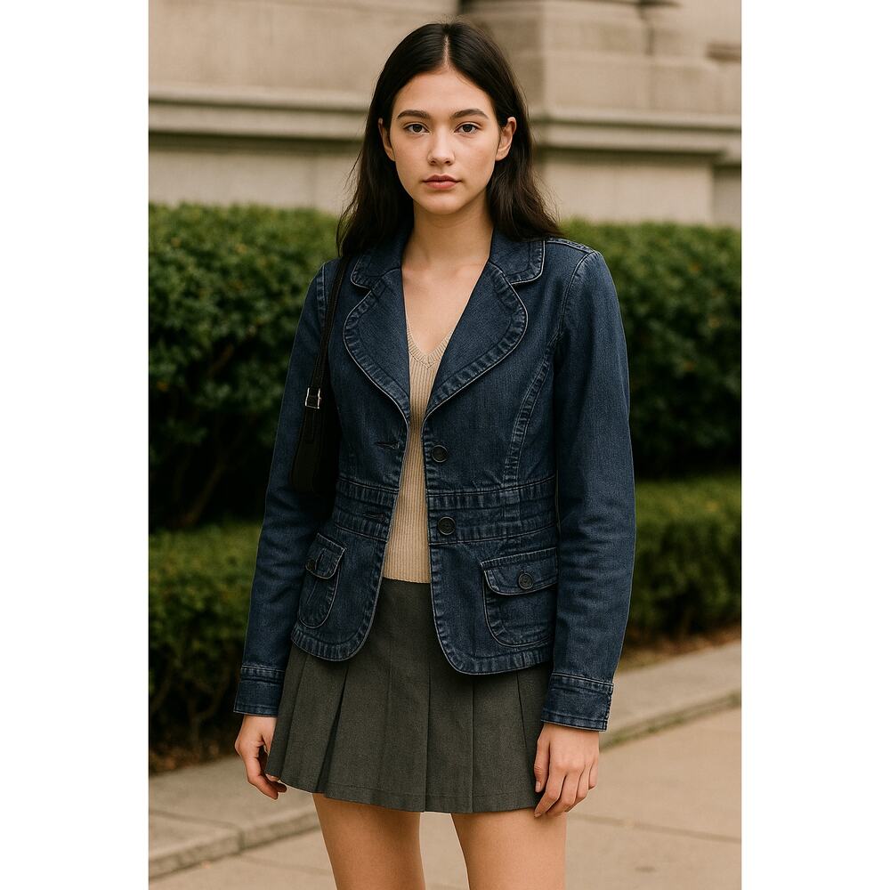 VTG Y2K‎ Louie Denim Blazer Women 14 Dark Wash Jacket Feminine Preppy